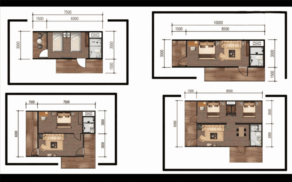 Modern prefab modular home floor plan with customizable layouts for tiny houses, small cabins, and sustainable living spaces.